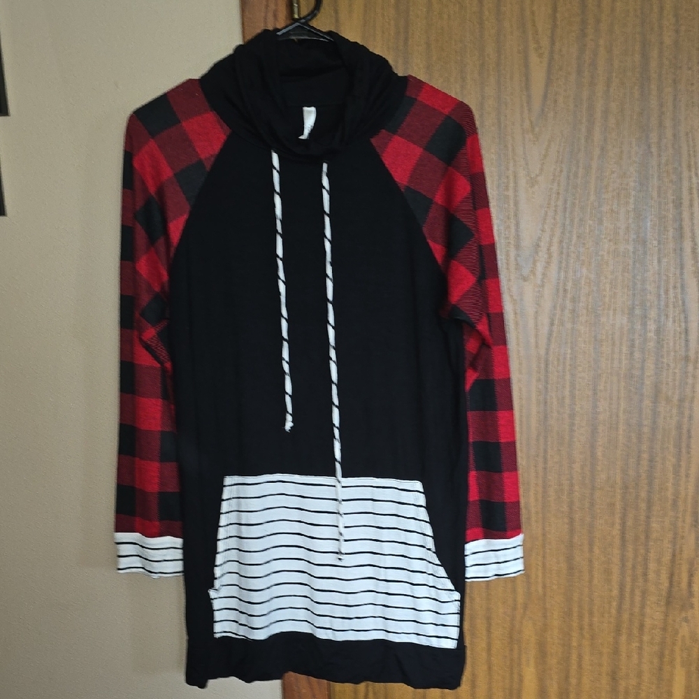 Red and Black Plaid Top with Striped Pocket